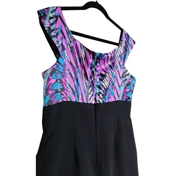 Perceptions New York Size 12 Dress Black Skirt Multicolor Print Cap Sleeves Back - Picture 7 of 10